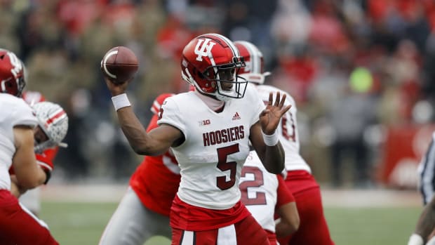 Indiana Hoosiers quarterback Dexter Williams II (5) throws the ball during the third quarter against the Ohio State Buckeyes at Ohio Stadium.